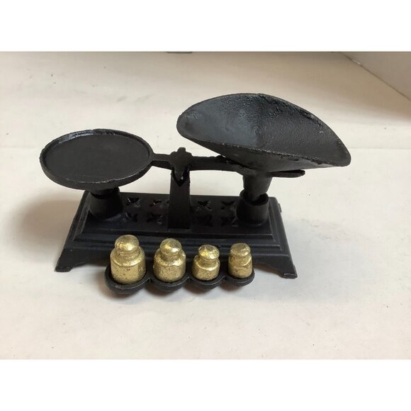 1970s Cast Iron Miniature Balance Scale with Brass Weights-NEW NOS - Picture 1 of 7